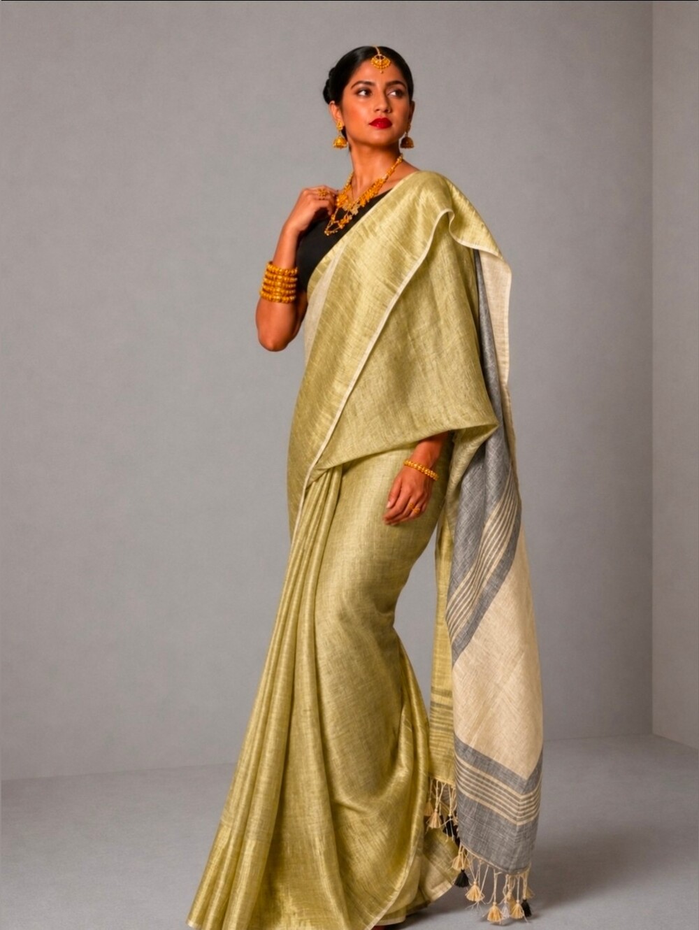 Embellished Indian Gold Tone and Grey Saree with Border Size MEDIUM New